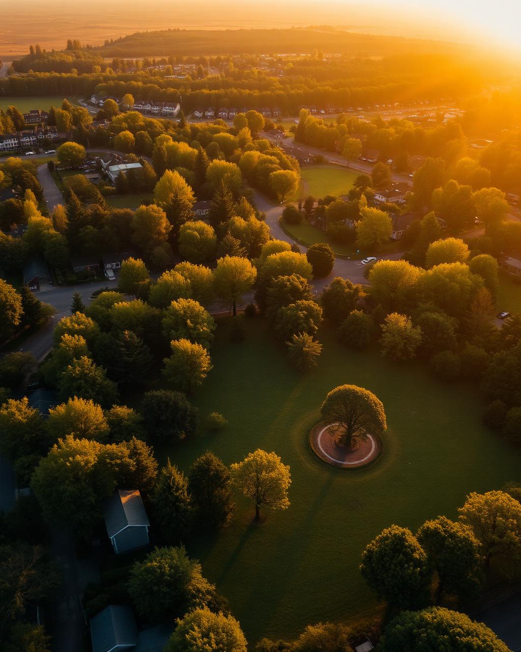 Aerial view of a green residential plot of land with mature trees at sunset
